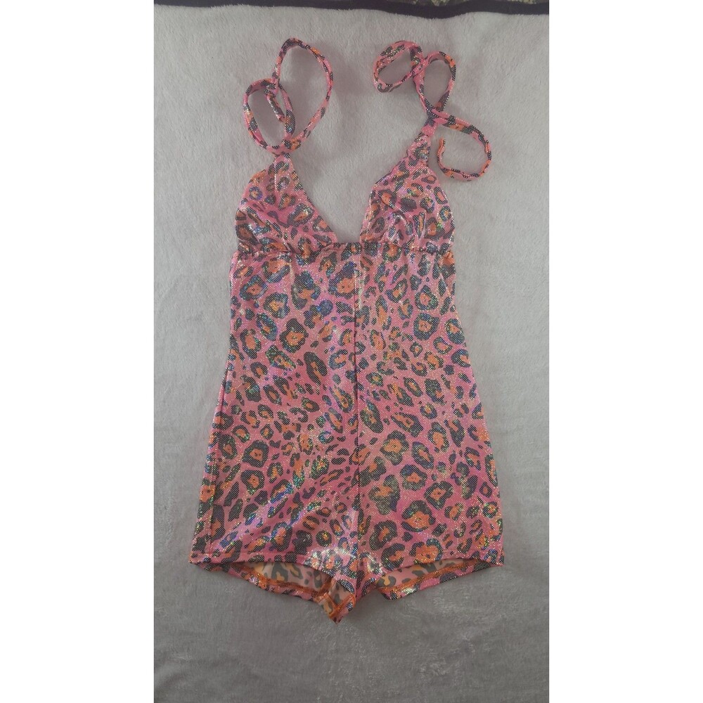 ​J Valentine Pink Orange Metallic Leopard Bodysuit Romper Rave Festival Size Med